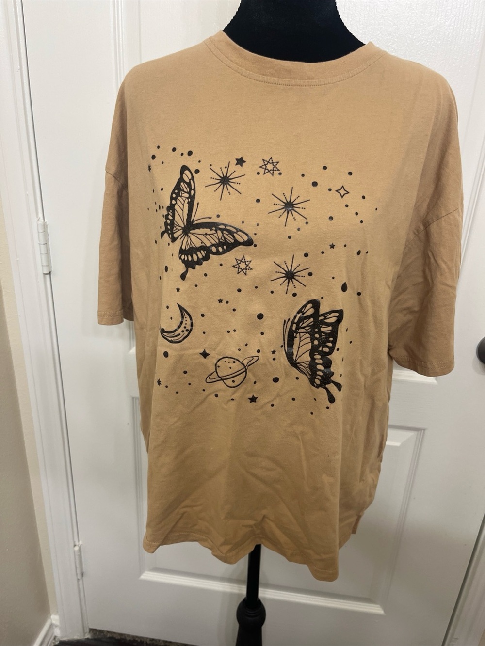 Caramel Butterfly & Space Graphic Tee - Tan with Black Print Oversized